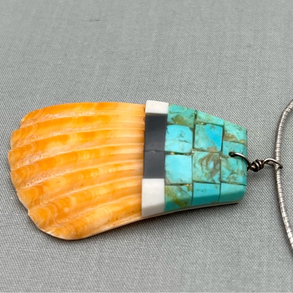 Italy 925 Sterling Necklace w/Spiny Oyster Shell & Turquoise Inlay Pendant - Picture 6 of 17